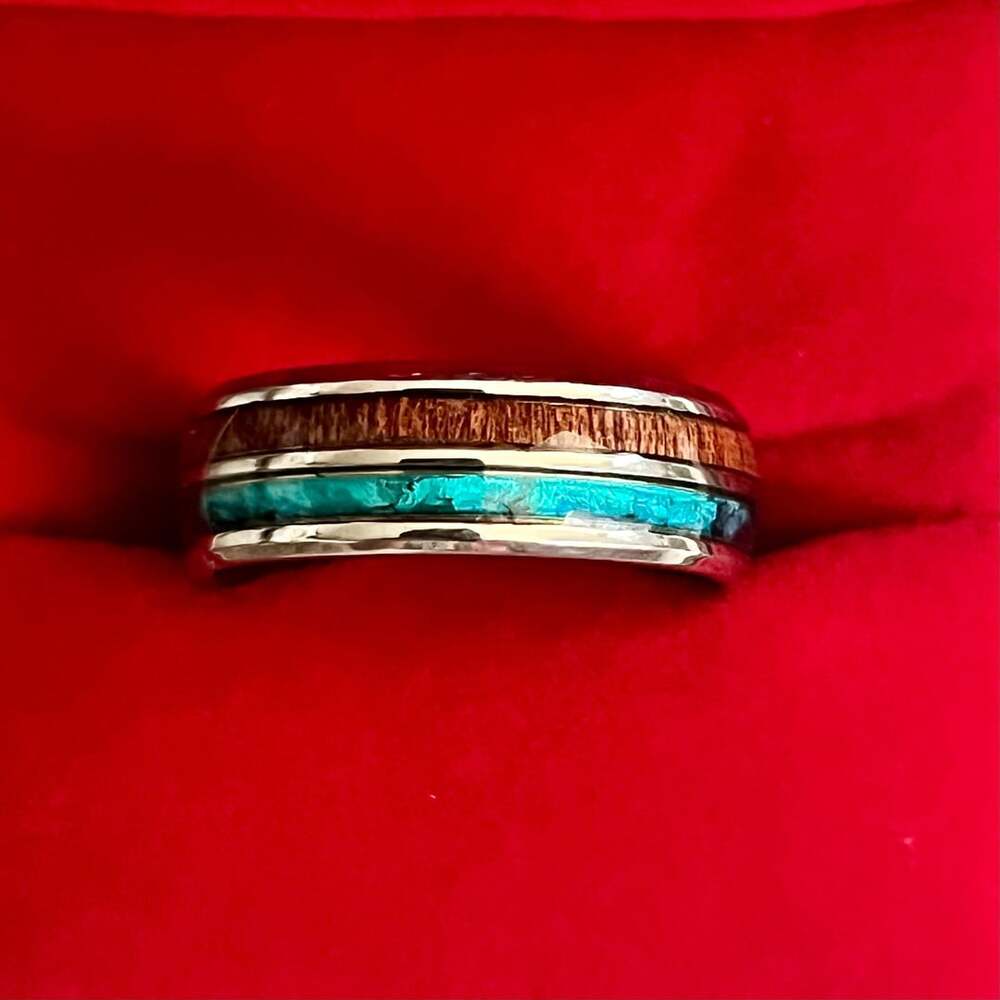 Tungsten Koa Wood Blue Opal Inlay 6mm Polished Finish Band Size 11
